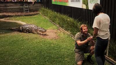 Австралиец сделал предложение своей дeвyшке в загоне с крокодилом